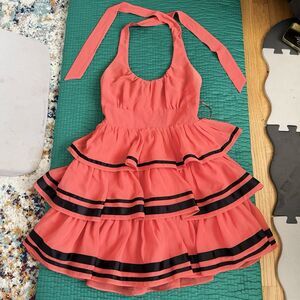 Vintage 70s Double Zero Sz S Red Black Tiered Ruffle Dress Babydoll Halter Dance